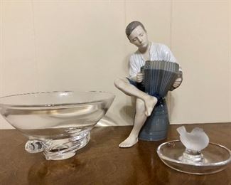 1954 Mid Century Steuben Spiral Bowl Designed by Donald Pollard. Lalique ring tray, Royal Copenhagen “Merry Sailor" by I. P. Irminger