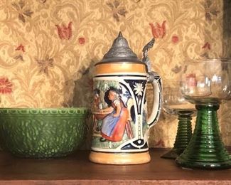 German Stein, glasses, and bowl.