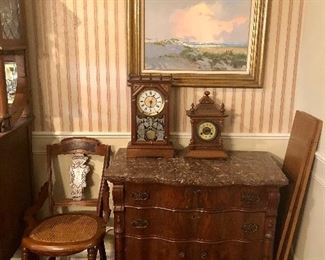 Antique walnut and shaped marble cabinet.  Serpentine drawers over 2 lower cabinets
