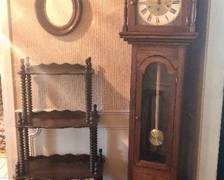 Antique Mahogany 4-tiered display shelf. Grandfather clock.