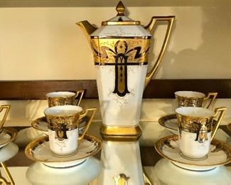French Art Deco chocolate pot set. Jean Pouyat Limoges. Hand painted and signed. Condition “As if New”.