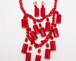 Vintage Red Plastic Cylinder Necklace Earrings Suite
