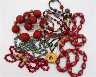 6 Vintage Chinese Carved Lacquer Cloisonne Necklaces