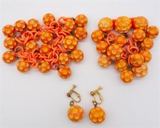 Mid Century Bakelite Ball Earrings Brooch Bracelet Set