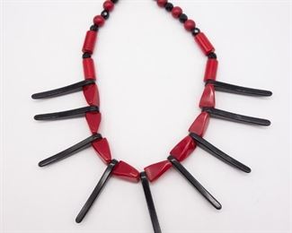 Vintage Tribal Motif Red and Black Bakelite Necklace