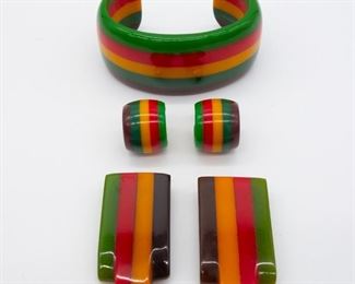 Mid Century Bakelite Laminated Bracelet Earrings Clips