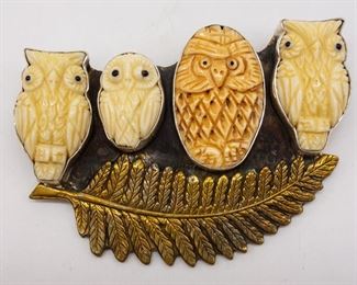 Vintage Carved Owl Fern Sterling Silver Brooch Pin
