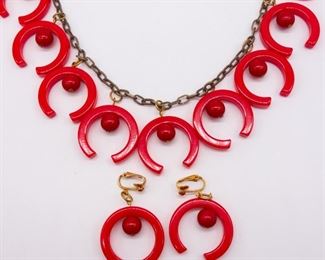 Vintage Bakelite, Plastic Red Necklace Earrings Suite