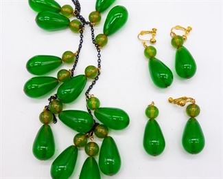 Vintage Lot Green Bakelite Bead Necklace Earrings