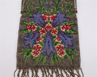 Antique German Floral Beaded Fringe Handbag Purse