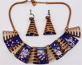 Vintage Rebajes Copper Enamel Necklace Earrings Suite