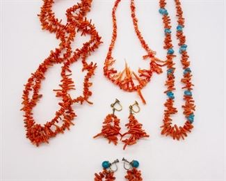 Vintage Lot Coral Branch Turquoise Necklaces Earrings