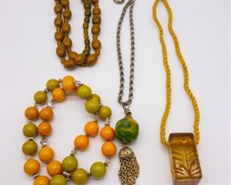 Lot 4 Beaded and Pendant Bakelite Necklaces incl Carved