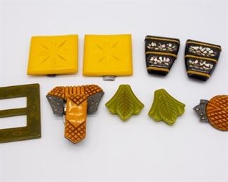Vintage Bakelite Belt Buckle and Clips incl Carved