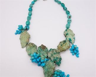 Designer Siman Tu Turquoise Carved Leaf Motif Necklace