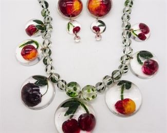 Reverse Carved Painted Joyce Francis Necklace Earrings