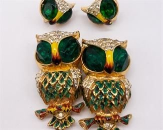 Coro Duette Sterling Silver Owl Brooch Earrings Set