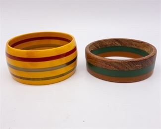 Two Vintage Bakelite and Wood Wide Bangle Bracelets