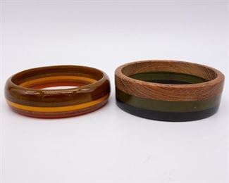 Lot 2 Mid Century Bakelite and Wood Bangle Bracelets