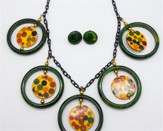 Vintage Bakelite Lot Polka Dot Necklace Green Earrings