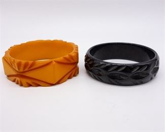 2 Carved Black and Butterscotch Bakelite Bracelets