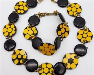 Vintage Black and Yellow Bakelite Necklace Bracelet Set
