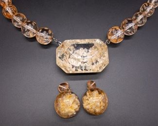 Vintage Joyce Francis Carved Floral Necklace Earrings