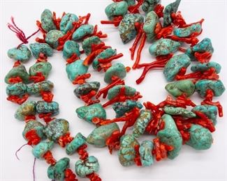 Vintage Coral Branch Turquoise Nugget Necklace 34"