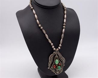 Native American Pawn Silver Coral Turquoise Necklace