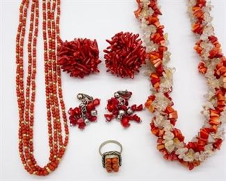 Vintage Coral Bead and Branch Necklace Earrings Ring