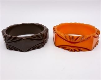 3 Carved Black and Brown Bakelite Bangle Bracelets