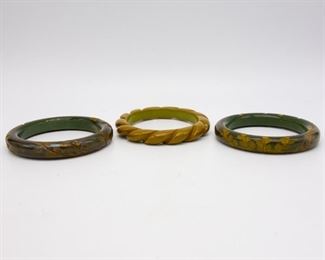 Vintage Lot of 2 Green Bakelite Carved Bangle Bracelets