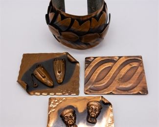 Vintage Lot 4 Rebajes Copper Brooches and Cuff Bracelet