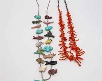 Lot of 2 Native American Necklaces Coral Branch, Fetish