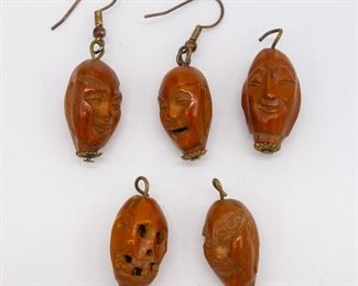Antique Chinese Carved Lot Peach Pit Figural Jewelry