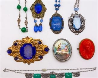 Vintage Lot Necklaces, Brooches incl Enamel, Cameo