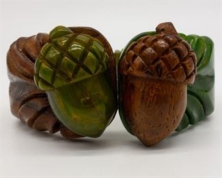 Vintage Carved Bakelite and Wood Acorn Hinged Bracelet