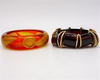 Vintage Lot 2 Bakelite Bracelets Floral Reverse Carved