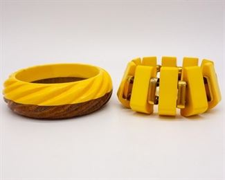 Vintage Bakelite Bracelets Stretch, Carved Wood Bangle