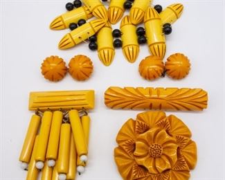 Vintage Carved Bakelite Brooches Bracelet Cufflinks