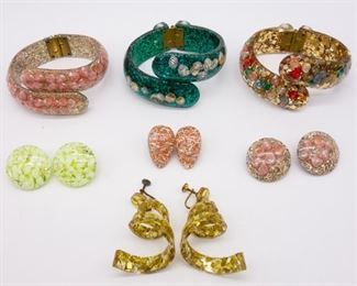 Vintage Lucite Confetti Hinged Bracelets Earrings