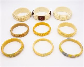Vintage lot of 8 Plastic Carved Floral Bangle Bracelets