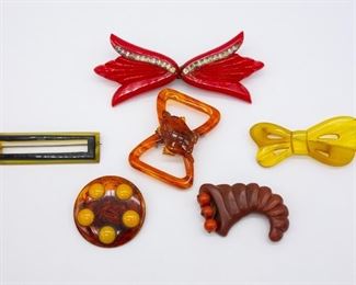 Vintage Bakelite Lot of 6 Brooch Pins incl Carved