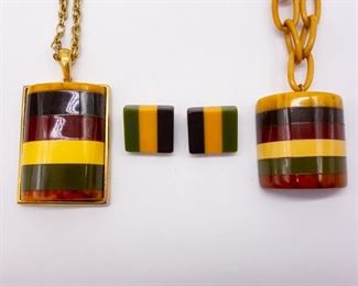 Vintage lot of 3 Laminated Bakelite Necklaces Earrings