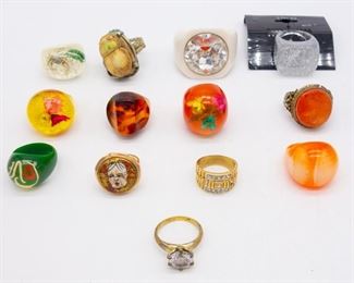 Vintage Lot 13 Ladies Rings incl Acrylic, Enamel