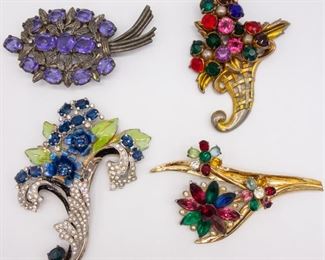 Vintage Mid Century 4 Jeweled Enamel Brooch Pins