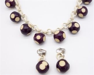 Vintage Plastic Carved Purple Bead Necklace Earrings