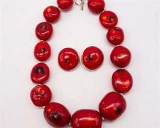 Vintage Silver Red Coral Bead Necklace Earrings Suite