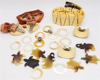 Vintage Assorted Lot Carved Horn, MOP, Belt, Clips