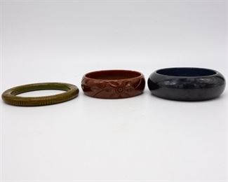 Vintage Lot of 3 Bakelite Bangle Bracelets incl Carved